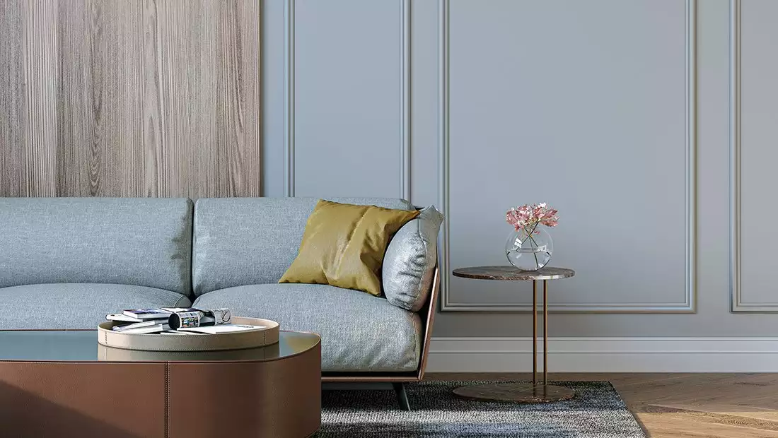 Modern Living Room Section featuring Milled Wood Wall Panels and Sofa